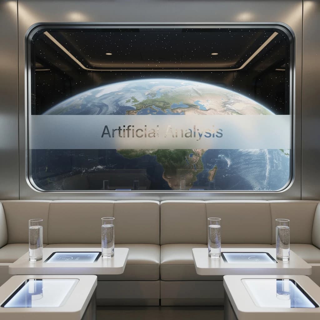 The orbital lounge has brushed aluminum walls and pale leather banquettes. Low white tables are inset with glowing touchscreens. Drinks are clear, flavorless, in tall unmarked glasses. The viewport is floor-to-ceiling, showing Earth moving slowly beneath. The word Artificial Analysis is etched discreetly on the glass in a frosted band.