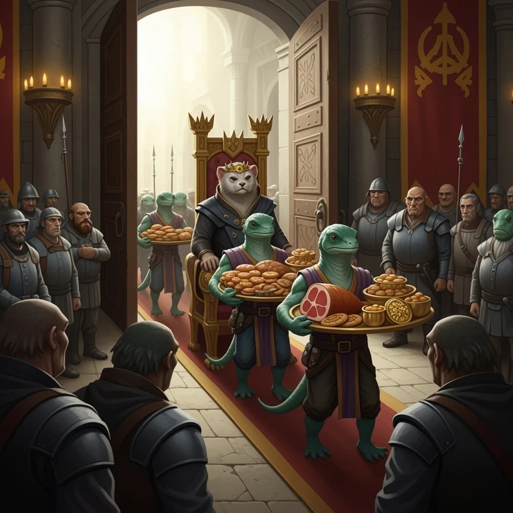Big Weasel, the tyrannical ruler of the Levitus, slouches on his throne, his mood foul but somewhat brightened by the sight of gifts - a wearisome group of lizard traders adorned in fine silks proceed toward him through the hall with their annual tribute of biscuits, ham and gold - Big Weasel's favourites. Big Weasel's entourage looks on with stern approval.