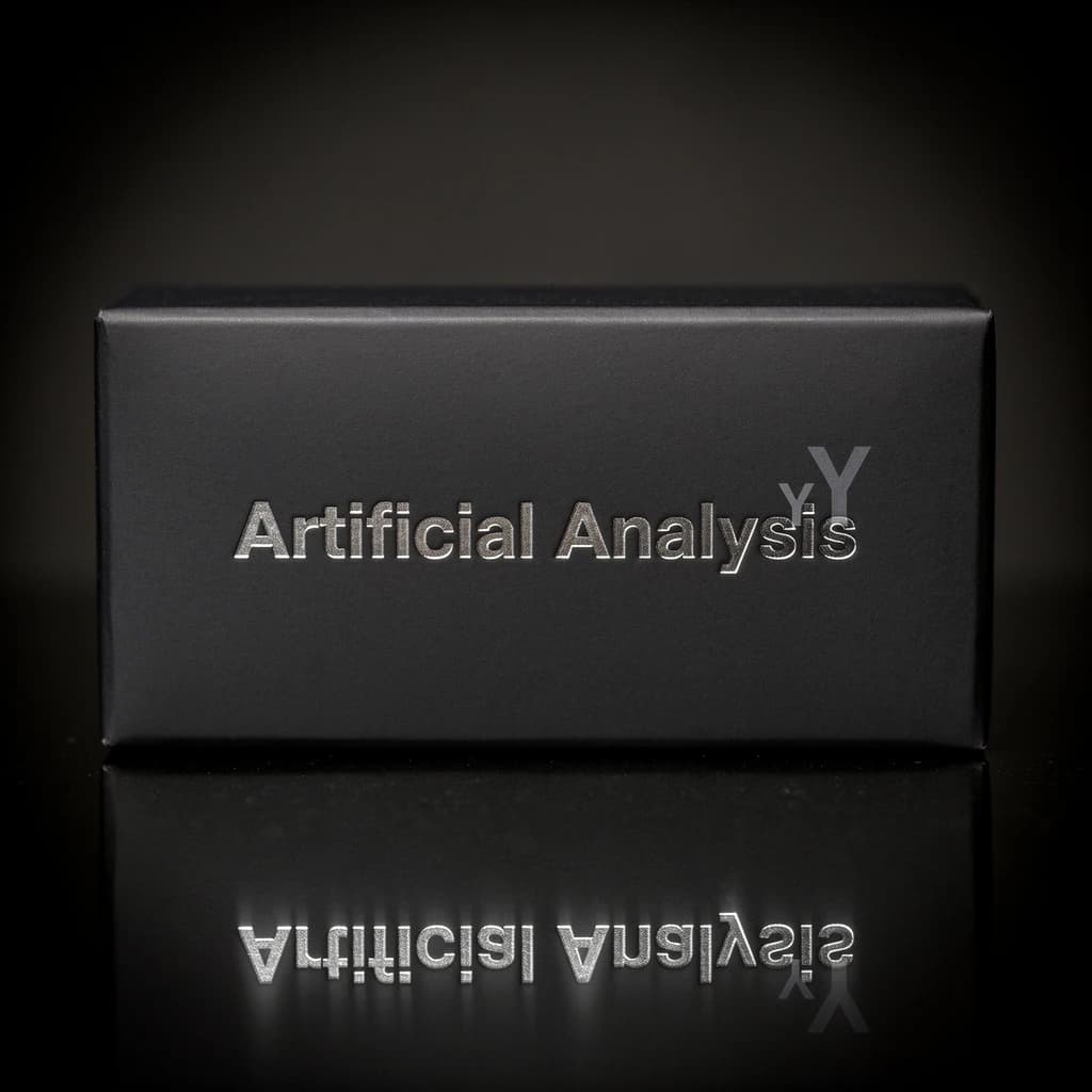 On the black box, silver foil embossing, centered: "Artificial Analysis" in Comic Sans Small Caps, perfectly justified. The letters are crisp, but the “Y” is duplicated faintly, ghosting right. On the box’s reflection, the word order is inverted: ARTIFICIAL ANALYSIS.