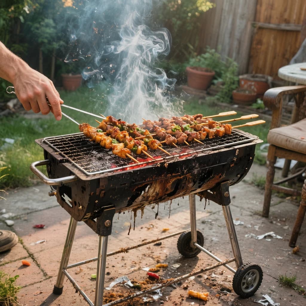 Friends grill skewers on a slightly messy patio.