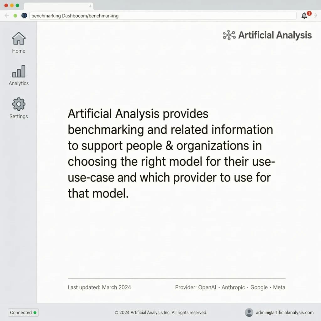 On a high-resolution dashboard mockup with a clean white background, display a centered text module in Helvetica Neue Regular, 18pt, black: “Artificial Analysis provides benchmarking and related information to support people & organizations in choosing the right model for their use-case and which provider to use for that model.” The text box is justified, but the final word wraps awkwardly onto its own line. To the left, a vertical navigation bar in light gray with three icons - home, chart, and settings - aligned evenly but casting misaligned shadows. In the upper right, the Artificial Analysis logo appears faintly, semi-transparent, watermarked over the corner of the interface.