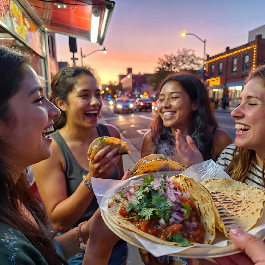Friends laugh over street tacos at dusk, candid, shallow depth.