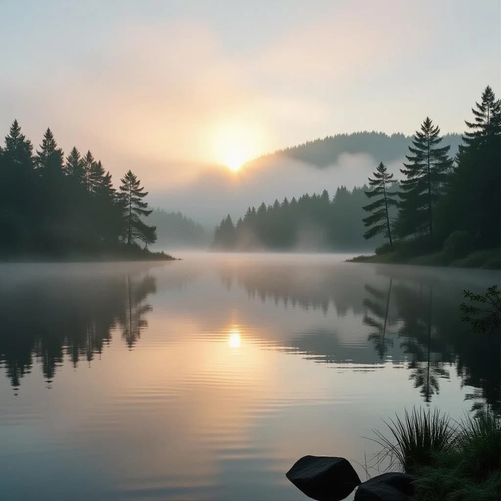 Give me a faded postcard of a misty pine lake at dawn, light leaks, film grain.