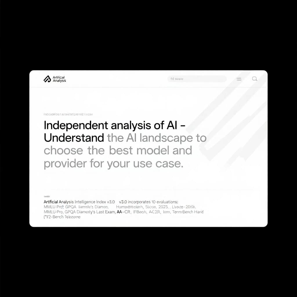 On a white dashboard with thin gray dividers, place a centered header in Helvetica Neue Bold, 20pt: “Independent analysis of AI - Understand the AI landscape to choose the best model and provider for your use case.” Directly beneath, a subheader in smaller Regular weight, 14pt: “Artificial Analysis Intelligence Index v3.0 incorporates 10 evaluations: MMLU-Pro, GPQA Diamond, Humanity's Last Exam, LiveCodeBench, SciCode, AIME 2025, IFBench, AA-LCR, Terminal-Bench Hard, 𝜏²-Bench Telecom.” The header is fully justified but the subheader is left-aligned. In the upper right corner, the Artificial Analysis logo appears watermarked, diagonal, faint gray, partially overlapping the scrollbar.