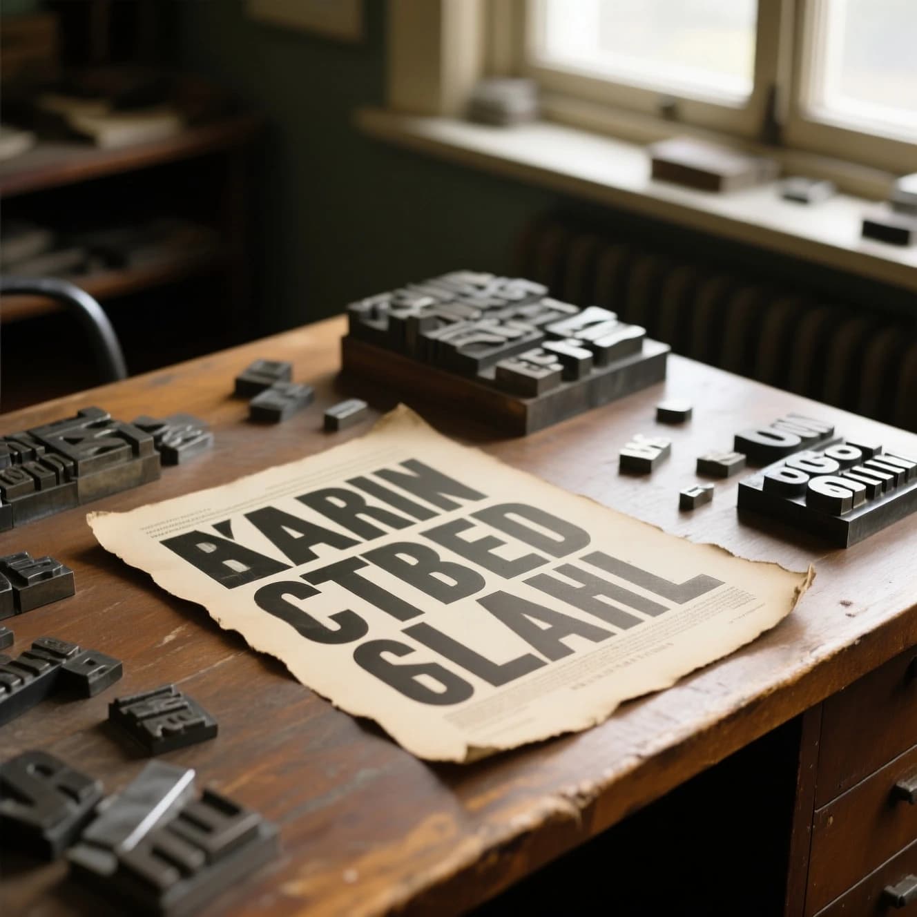 A vintage letterpress poster on a wooden desk: bold slab serif headline, tight kerning, misregistered ink, slightly worn edges, scattered metal type, soft window light.
