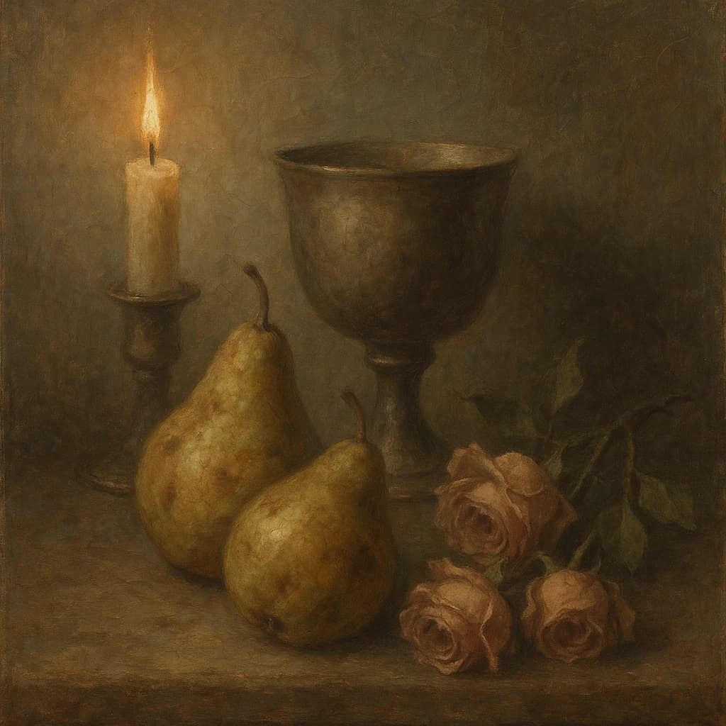 Create an oil on canvas still life with a tarnished goblet, bruised pears, and wilted roses, lit by a single candle; a bit muted palette, soft brushwork, subtle craquelure.