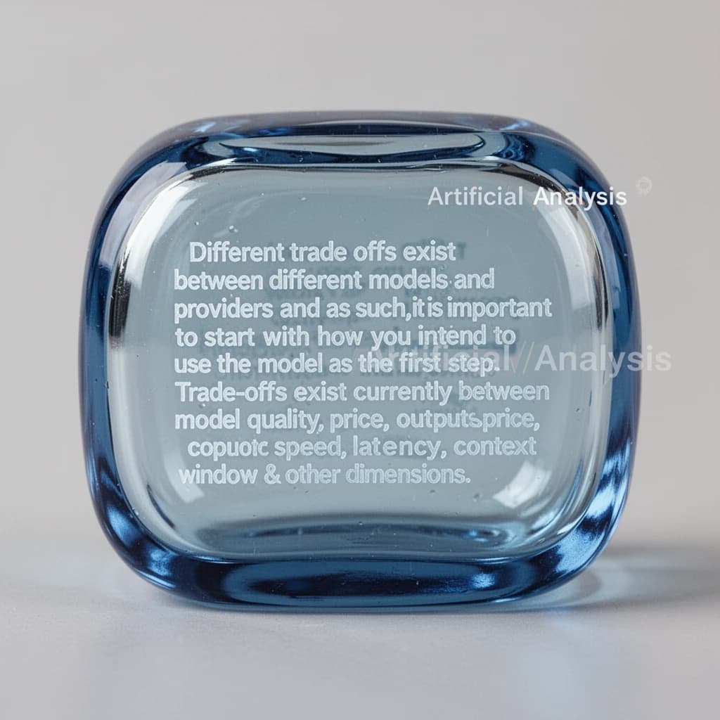 In a clear transparent blue glassy rounded box, etch "Different trade offs exist between different models and providers and as such, it is important to start with how you intend to use the model as the first step. Trade-offs exist currently between model quality, price, output speed, latency, context window & other dimensions. " in sans serif medium weight text. Artificial Analysis is watermarked over the top right 