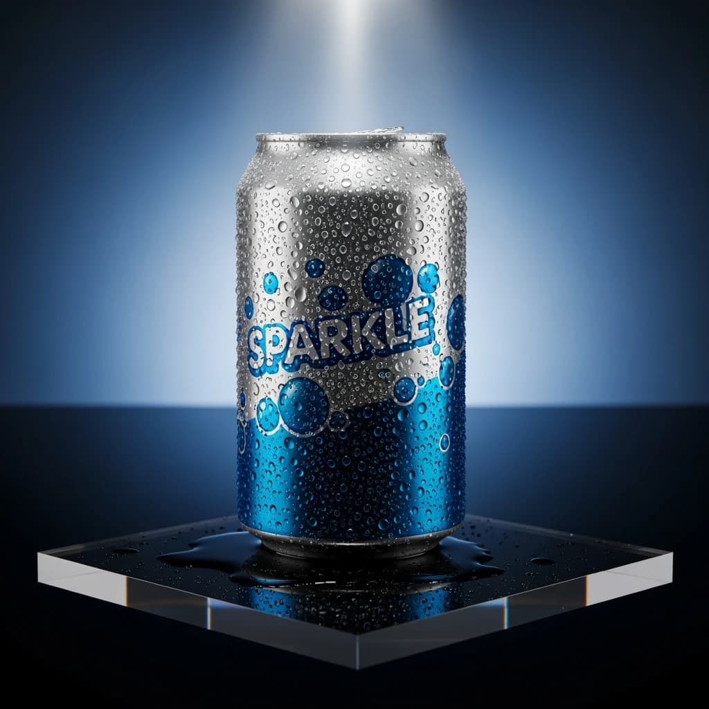 A close-up ad shot of sparkling soda can on glossy acrylic, harsh top light.