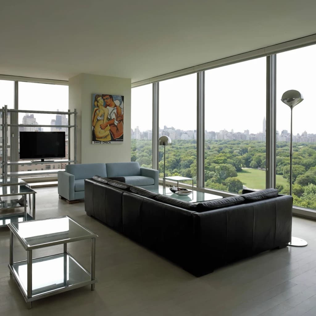 My apartment overlooks Central Park. It’s very luxurious, very expensive, and the furniture is minimal — a black leather couch, a glass coffee table with chrome legs, an Arne Jacobsen floor lamp. A big-screen television set rests on a steel shelving unit. A David Onica painting hangs above the couch. There’s a stainless steel and glass cocktail table. A powder-blue sofa. A thirty-inch digital TV.