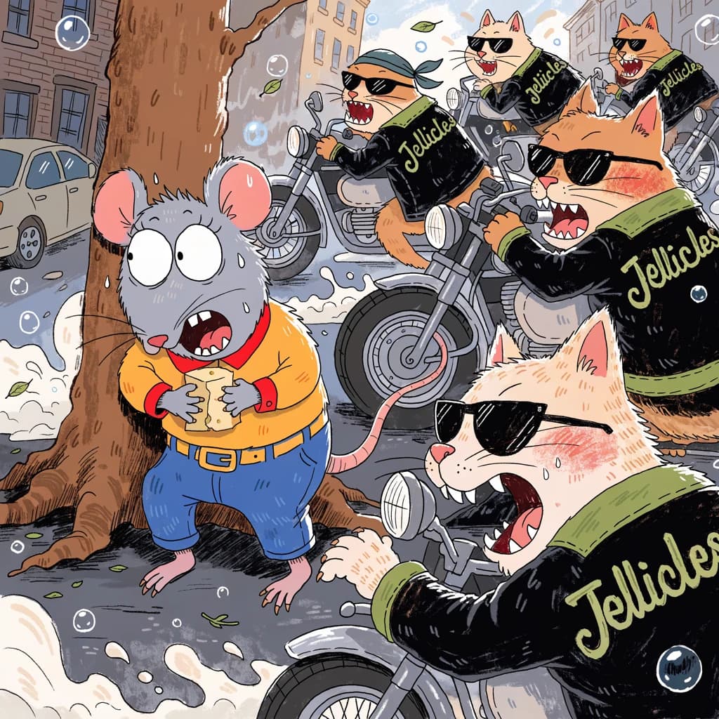 The cartoon rat clenches his thin wedge of cheese and trembles in fear as he hides from the menacing Jellicles, the roaming cat motorcycle gang, all wearing their colors with the name on the back. The cats have all drunk far too much milk and are causing a big ruckus! One cat is close to finding the rat