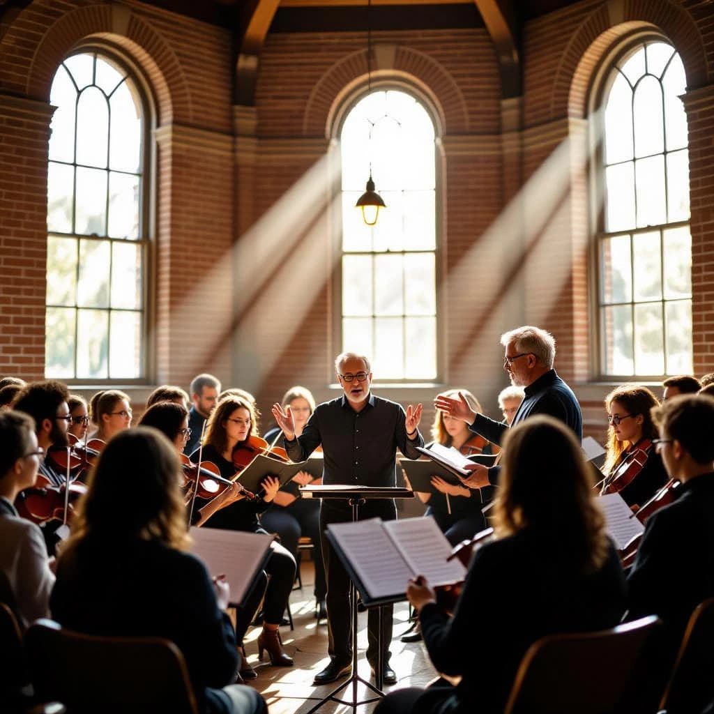 A choir rehearses in a brick hall as somewhat dramatic morning light falls through high windows, with a patient conductor mid-gesture, open scores, intent faces, slight motion blur.