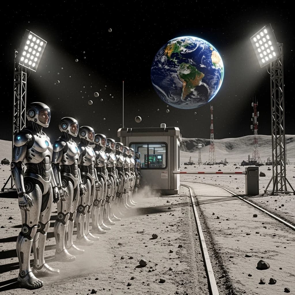 Silver exosuits queue at a dusty lunar checkpoint.