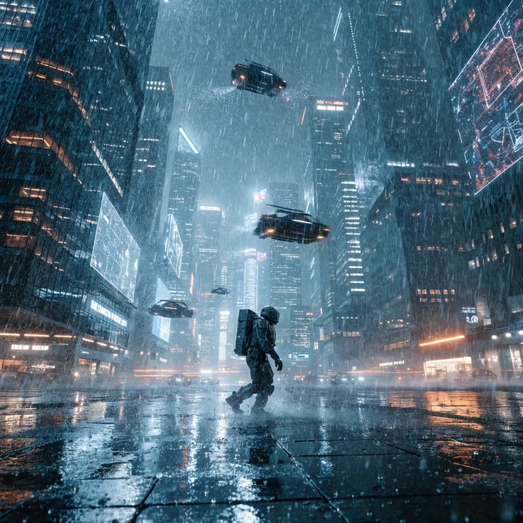 Rain-soaked neon megacity at night, flying taxis weave between glass towers, giant holograms flicker; a lone courier in a matte exosuit, somewhat cinematic wide angle.