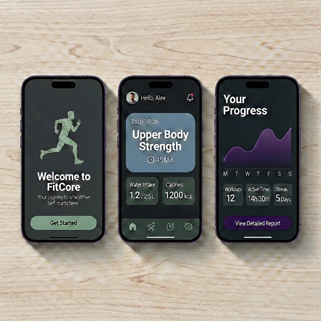 Sleek mobile fitness app screens on a desk: dark mode home, progress dashboard, simple onboarding, clear 8 pt grid, slightly oversized buttons for thumb reach, muted colors.