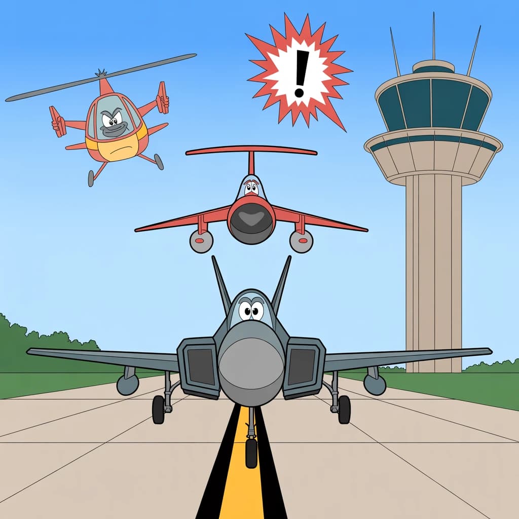Almost at the runway, Fred the Fighter Jet is racing with Barry the Bomber to see who lands first. Fred has a mischievous trick up his sleeve but Hermione the Helicopter is going to stop him before he gets the chance. The control tower is very angry and has a big exclamation mark. Hand drawn cel look