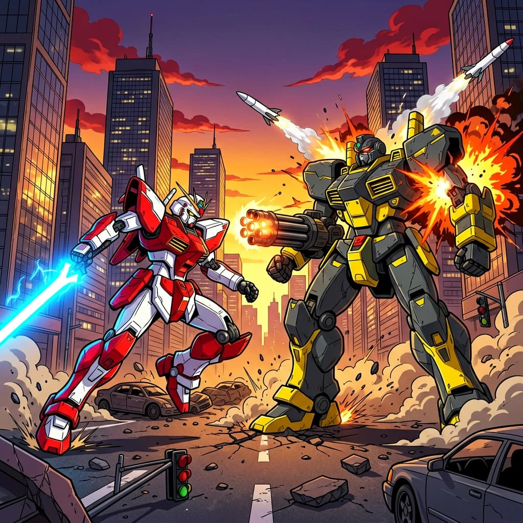 Make a cel-shaded mecha duel at dusk downtown.