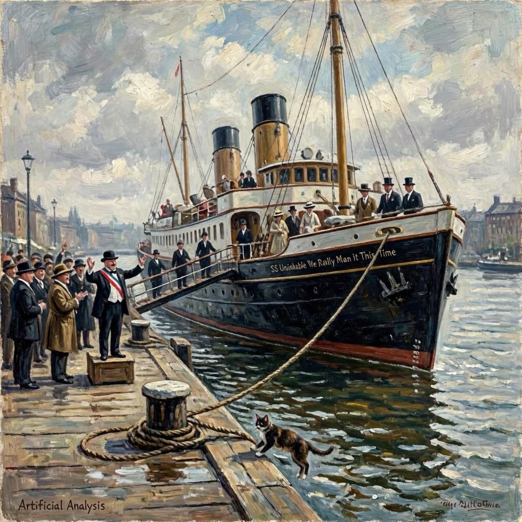 An impressionistic painting of the mighty steamer the "SS Unsinkable We Really Mean It This Time" on a cloudy but bright London morning about to set out on her maiden voyage. A jubilant crowd is gathered on the dock around the paunchy mayor who is making a speech, gesticulating wildly with his hands. The gangways are busy with well heeled ladies and gentlemen making their way onto the ship. A cheeky cat hangs over the water, clinging to the mooring rope after an ill-fated attempt to climb up. The artist has signed his name "Artificial Analysis" in the bottom corner