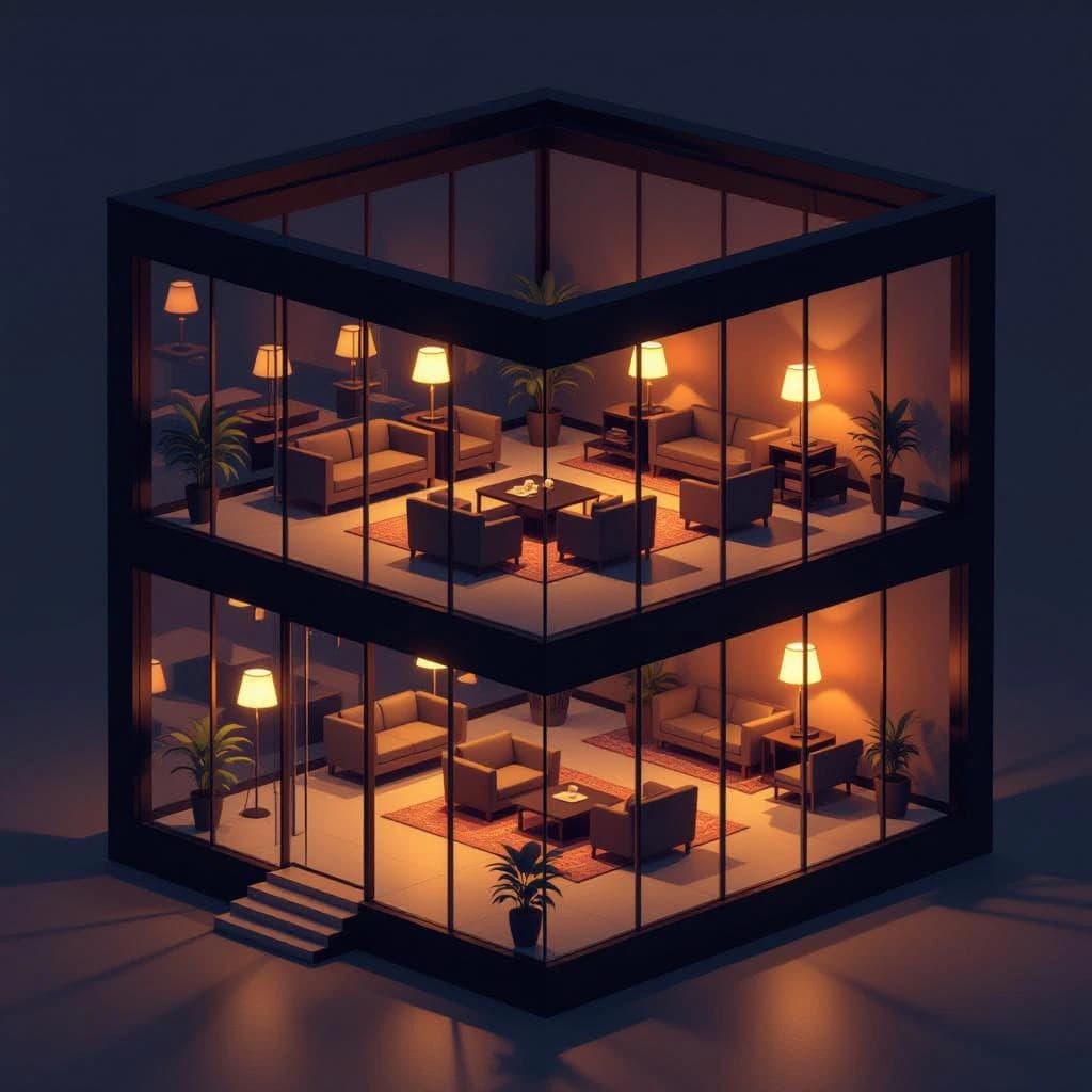 Isometric 3D lobby, glass walls, warm lights, slightly moody, soft shadows.