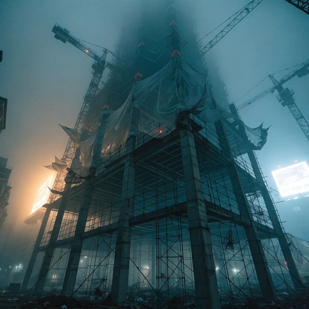 A construction site stretched upward into fog, cranes frozen in silhouette. Wind rattled scaffolding draped with torn mesh that glowed faintly from nearby billboards