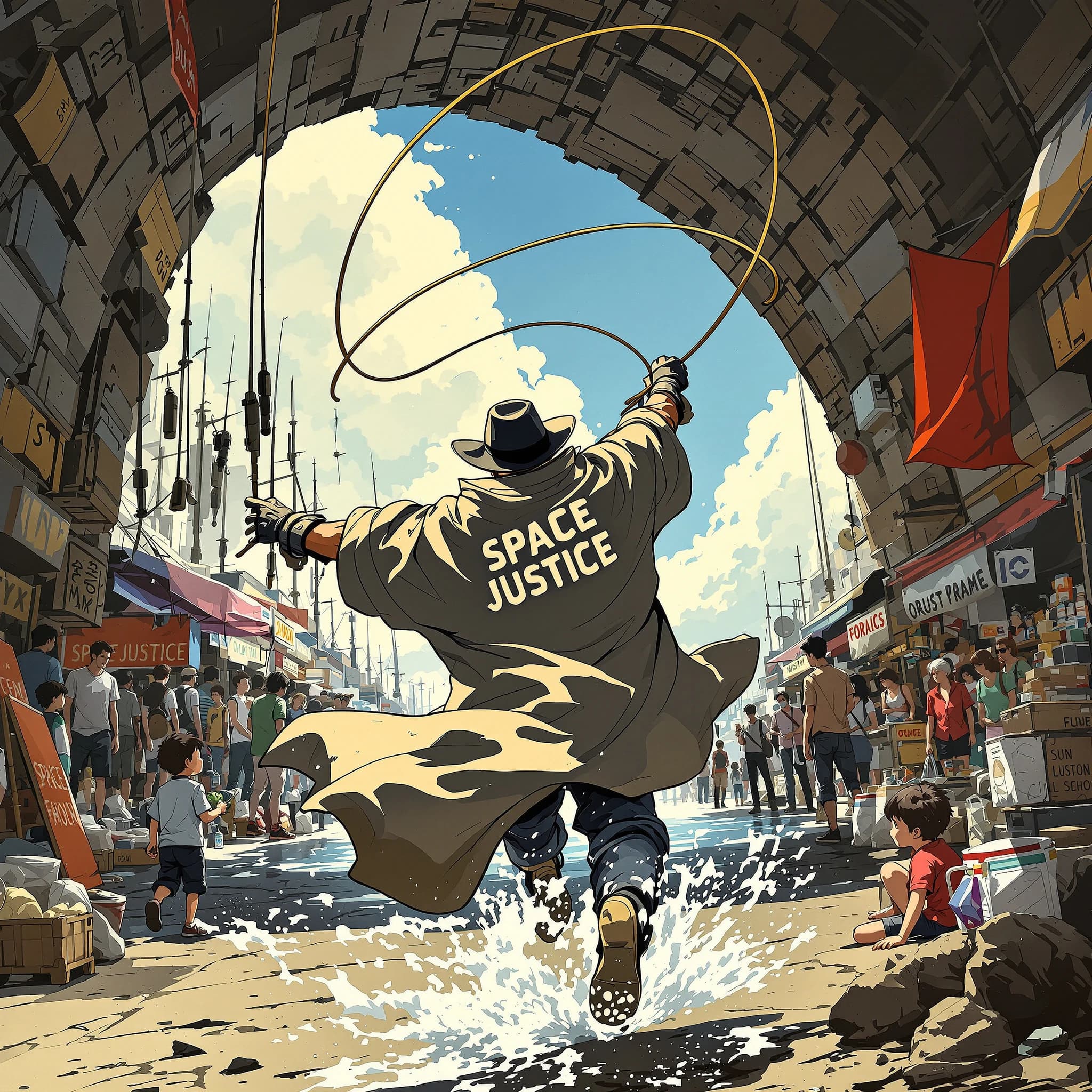 The space cowboy chases the deranged fisherman underneath the causeway, eager to collect on his bounty. Fishing rods and lines hang off the back off the fishermen as he darts between the bustling market crowd. We see the back of the space cowboy in his space poncho emblazoned with the words SPACE JUSTICE, spinning his lasso over his head. A child on the sidelines excitedly cheers the cowboy. 1990s hand drawn anime style with strong fluidity