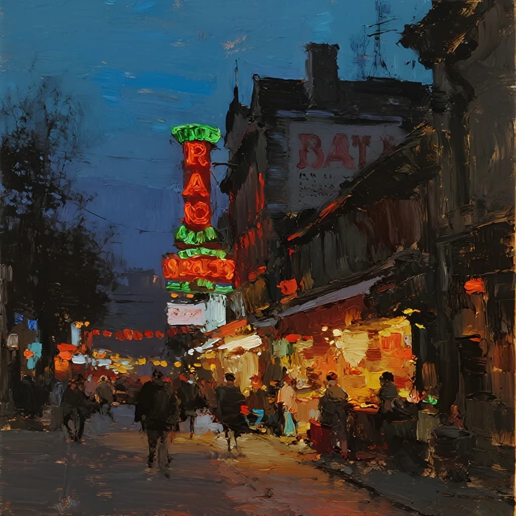 I want an oil painting of a busy market street with gaudy shop signs at dusk.