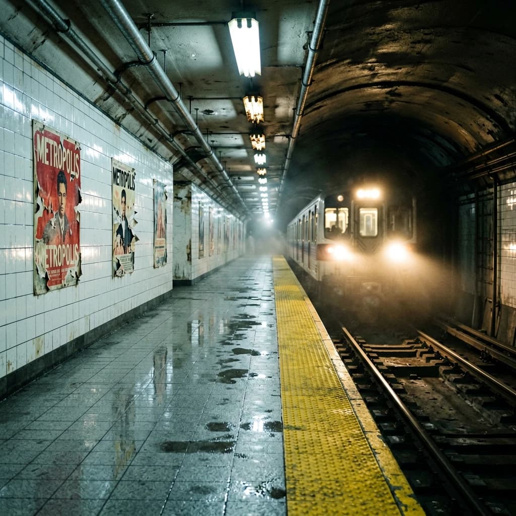 A subterranean subway platform with glossy tiles, peeling posters, flickering fluorescent lights, yellow safety line, and a distant train coming; slightly damp, echoes carry.