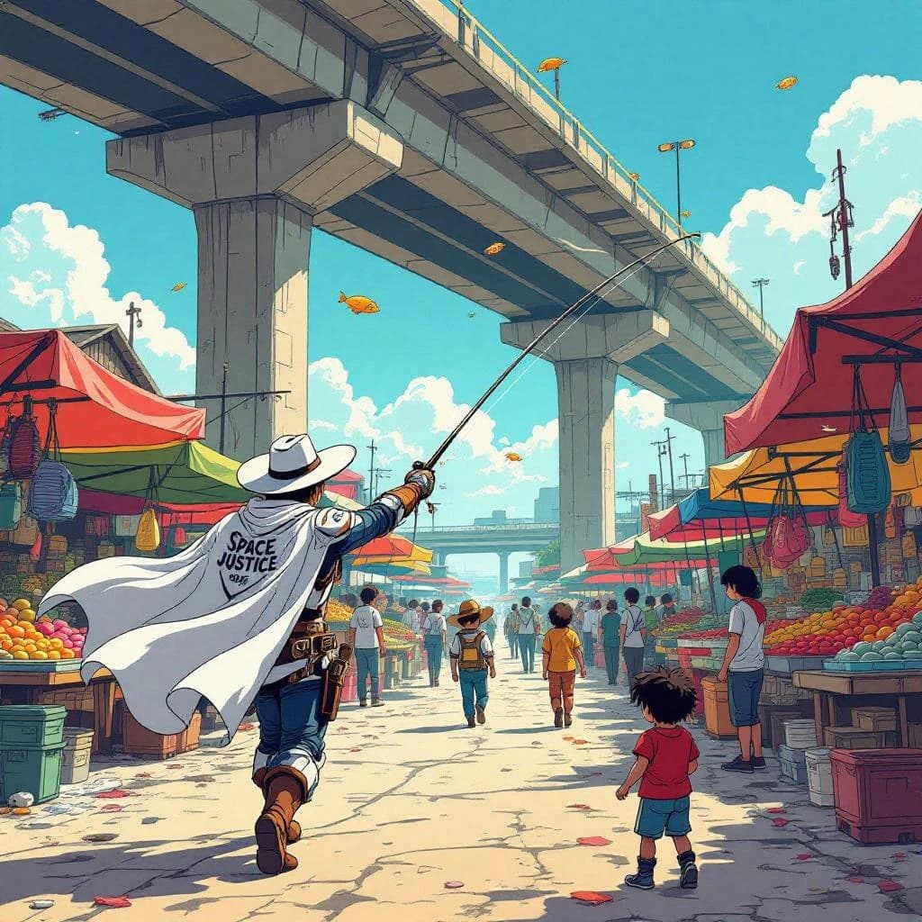 The space cowboy chases the deranged fisherman underneath the causeway, eager to collect on his bounty. Fishing rods and lines hang off the back off the fishermen as he darts between the bustling market crowd. We see the back of the space cowboy in his space poncho emblazoned with the words SPACE JUSTICE, spinning his lasso over his head. A child on the sidelines excitedly cheers the cowboy. 1990s hand drawn anime style with strong fluidity