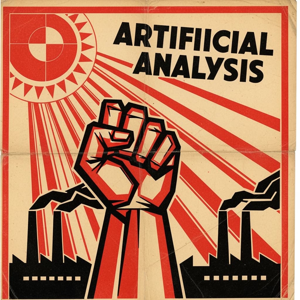 A propaganda poster in stark red, black, and beige. A clenched fist rises in the foreground, rendered with sharp geometric blocks. Behind it, radiating lines stretch upward toward a stylized sun. At the top, bold sans-serif lettering in Cyrillic-inspired type spells out Artificial Analysis, tilted at an angle for emphasis. A factory skyline silhouettes the bottom edge, smoke stacks rising into the background. The texture is rough, printed on aged paper with visible creases and ink bleed. Designed in the constructivist Soviet poster style.