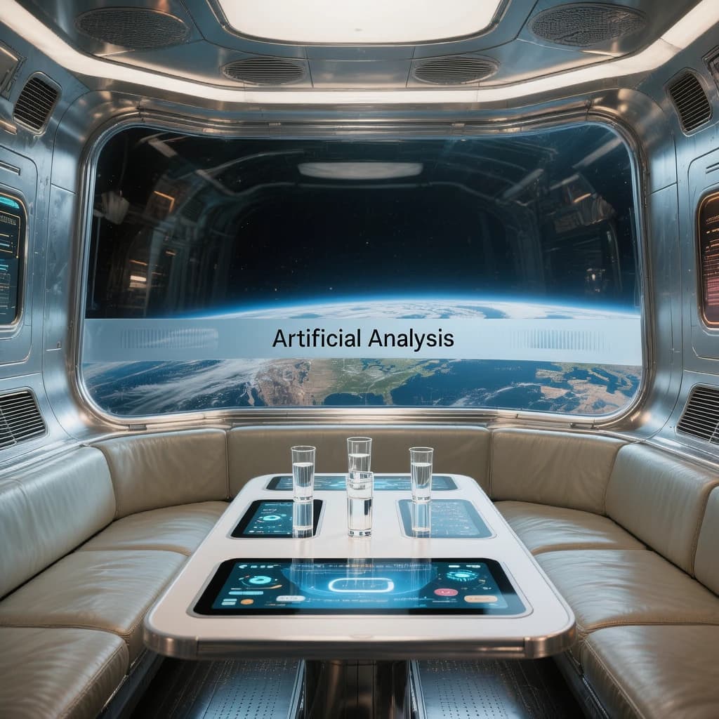 The orbital lounge has brushed aluminum walls and pale leather banquettes. Low white tables are inset with glowing touchscreens. Drinks are clear, flavorless, in tall unmarked glasses. The viewport is floor-to-ceiling, showing Earth moving slowly beneath. The word Artificial Analysis is etched discreetly on the glass in a frosted band.