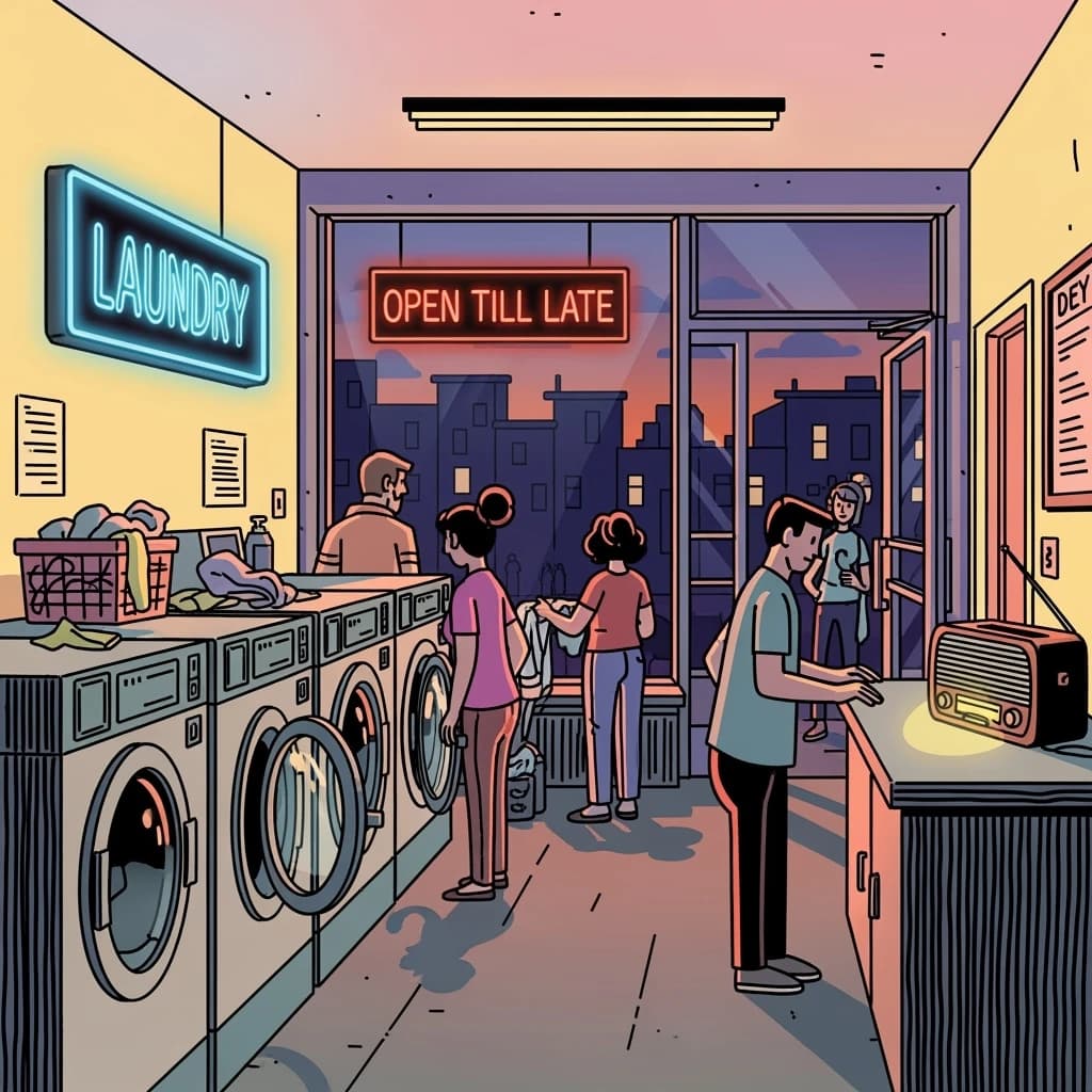 A cozy laundromat at dusk, neon humming, flat colors, bold inked lines.