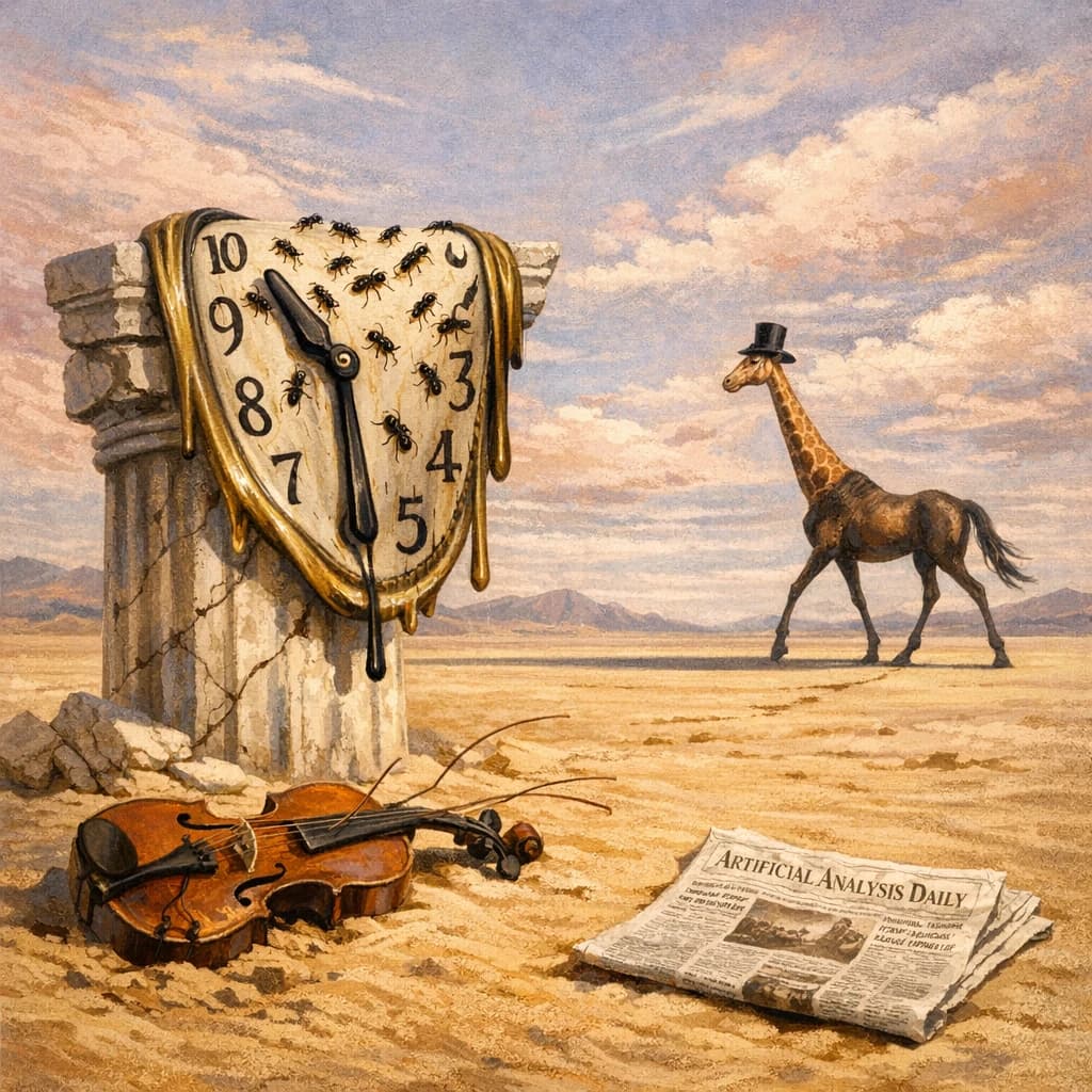 A vast desert plain stretches endlessly under a sky streaked with pale pink and ochre clouds. In the center stands a colossal clock, its face drooping and melting over the edge of a broken marble column. Ants swarm across its warped surface, glinting in the harsh sunlight. To the right, a horse with a giraffe like neck wearing a top hat strides toward the horizon, its shadow stretching miles across the sand. A cracked violin lies half-buried in the foreground, strings snapping outward like veins. Painted in the dreamlike surrealist style. A newspaper named the "Artificial Analysis Daily" lies on the Floor.