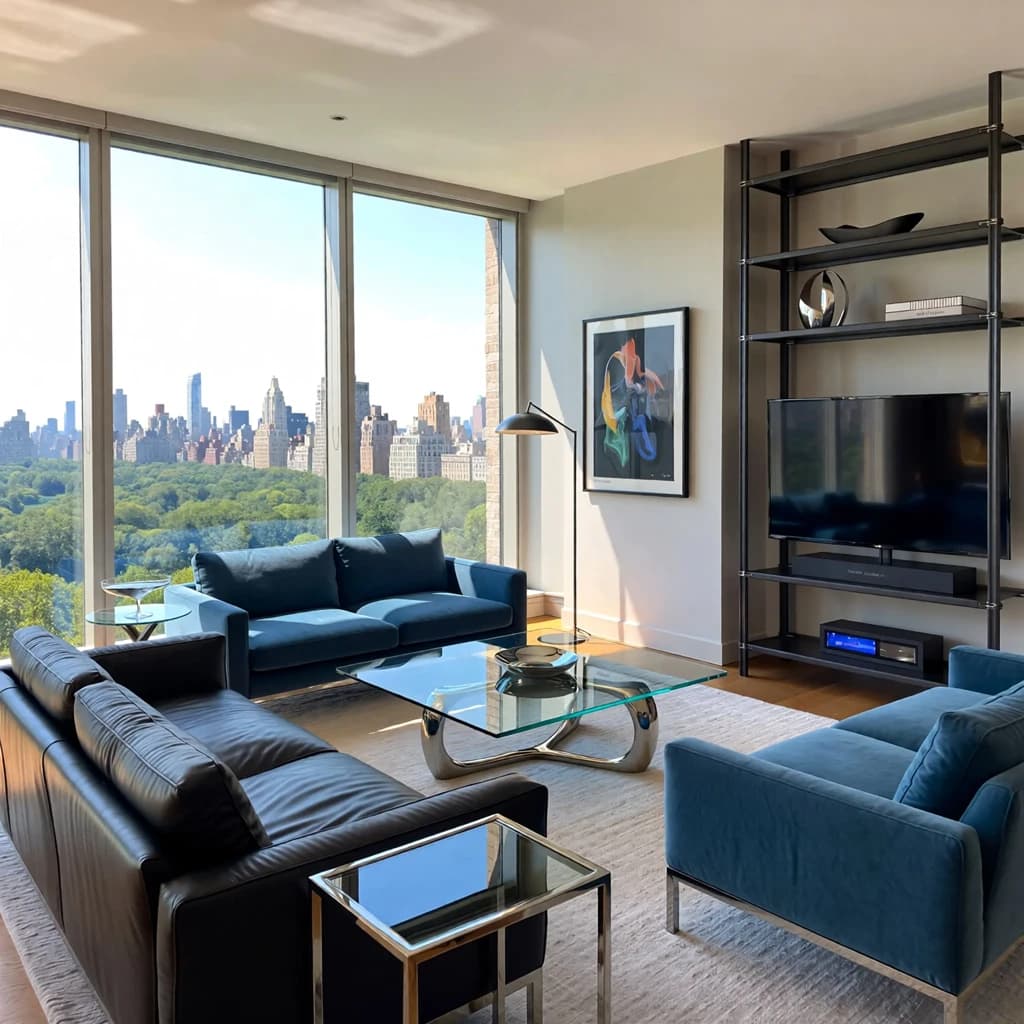 My apartment overlooks Central Park. It’s very luxurious, very expensive, and the furniture is minimal — a black leather couch, a glass coffee table with chrome legs, an Arne Jacobsen floor lamp. A big-screen television set rests on a steel shelving unit. A David Onica painting hangs above the couch. There’s a stainless steel and glass cocktail table. A powder-blue sofa. A thirty-inch digital TV.