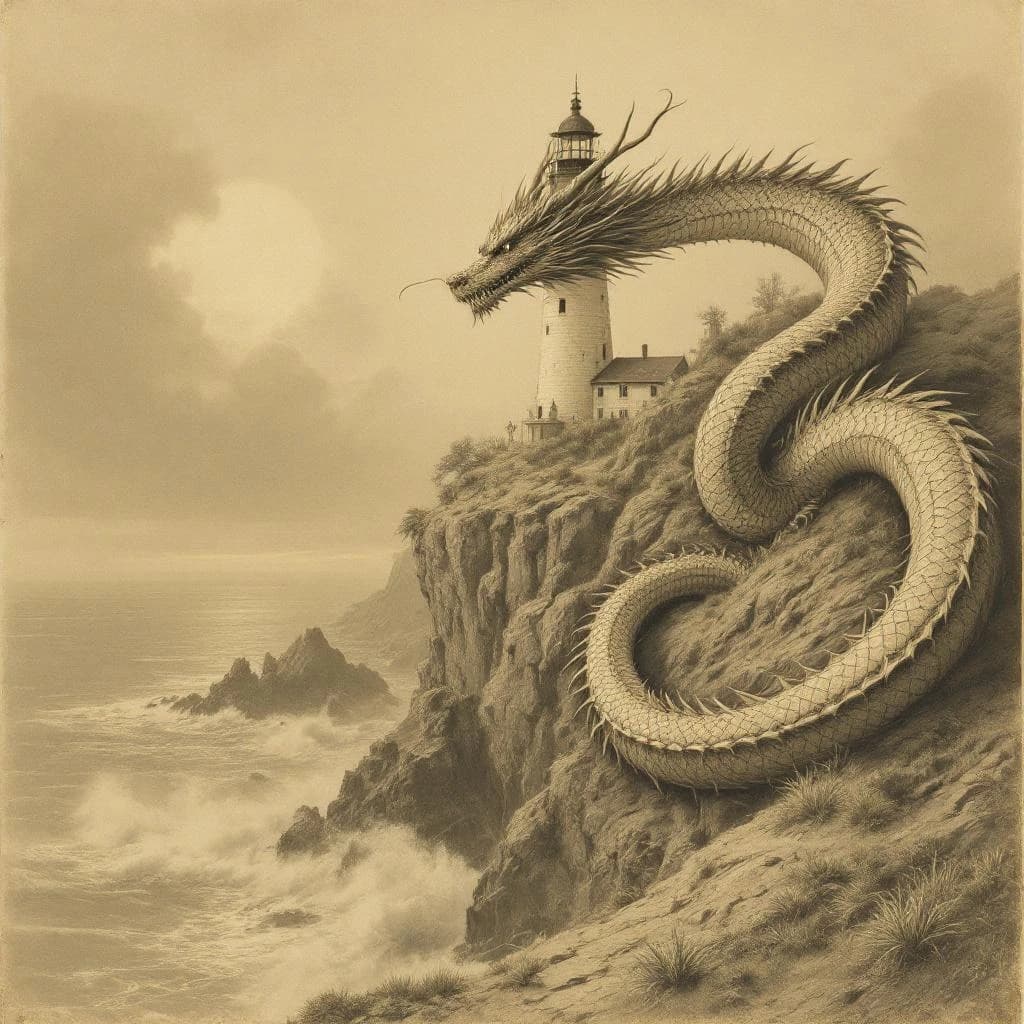 Let's do a sepia pulp cover where a dragon coils around a cliffside lighthouse.