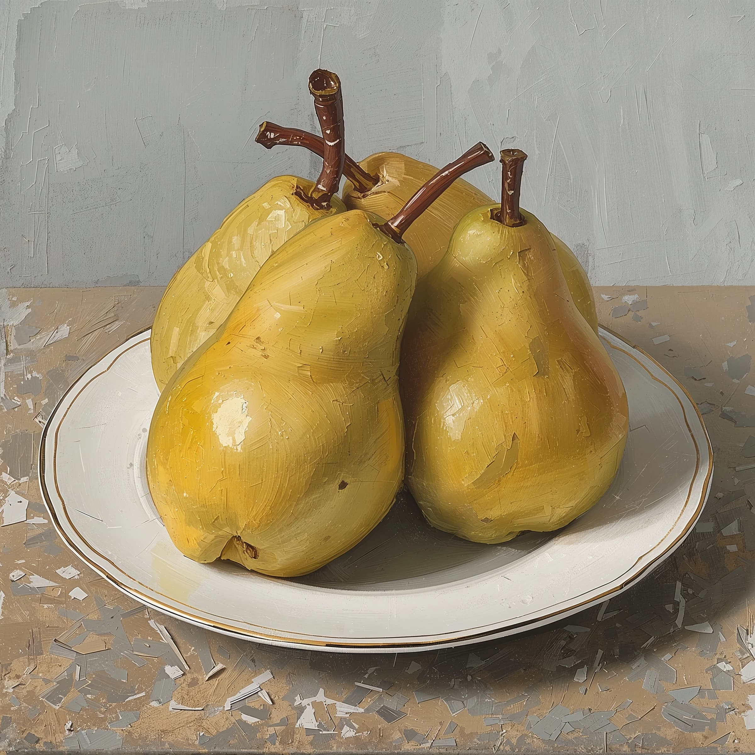 A gouache still life of pears on a chipped plate.