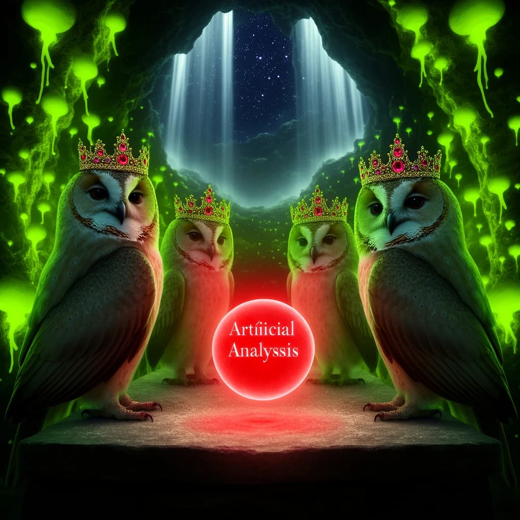 In a cavern lined with bioluminescent fungi glowing lime green, the council of owls wear jeweled crowns that glimmer with rubies, their wings folded behind their backs. Dust coats the stone table, a glowing orb inscribed with “Artificial Analysis” hovers above the table illuminating the owls with its red pulsating light. Behind them, a waterfall falls upward into a ceiling that opens onto stars - a child looks down in wonder from above at what he has stumbled across.