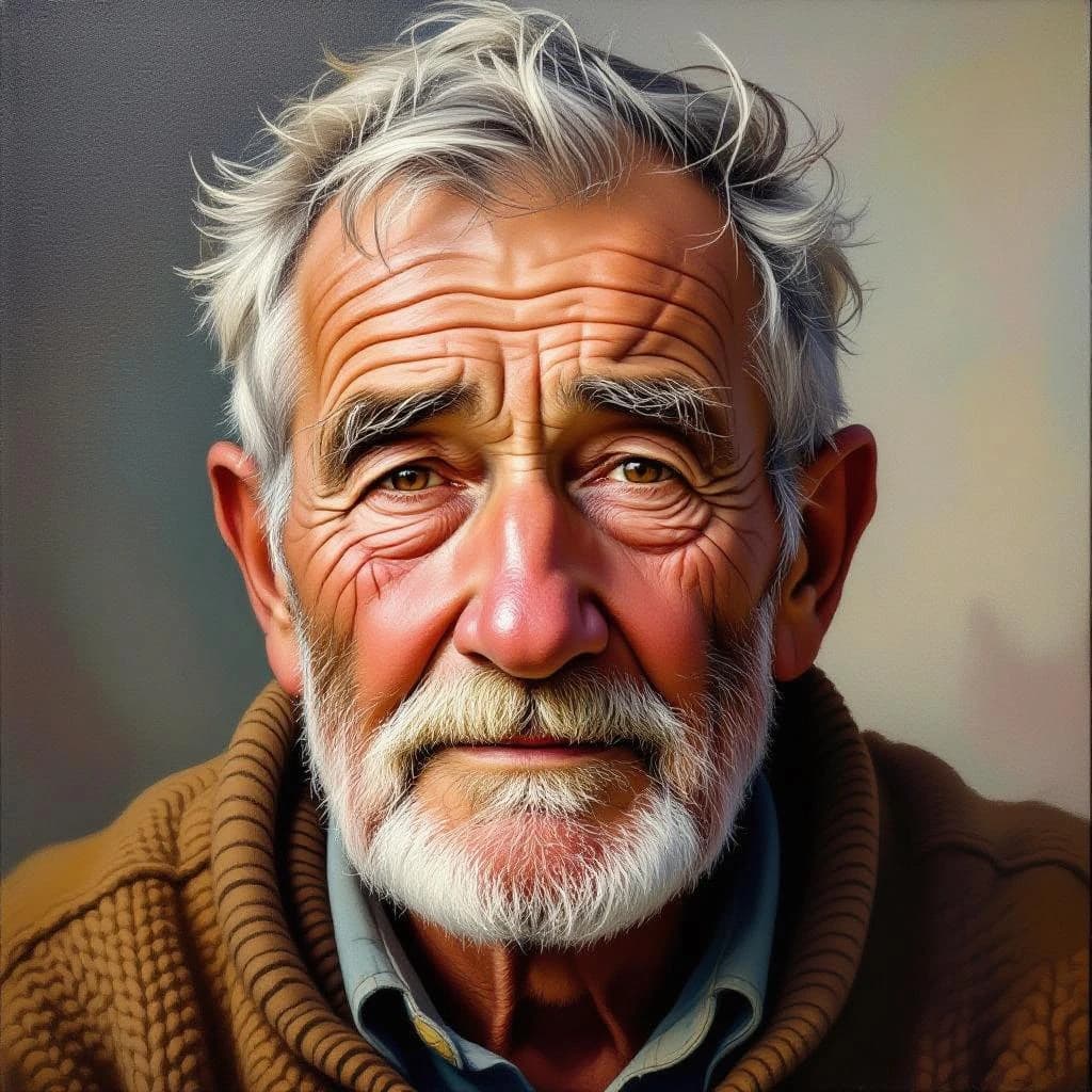 Oil on canvas portrait of an elderly sailor, weathered face, soft light.