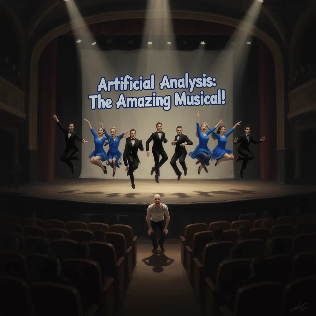 The musical troupe do a rehearsal in a large, empty theatre. 9 people are on the stage, half wear black and the others wear blue. The skinny bald director, seated in the second row, is practically leaping out of their seat with excitement as the leads nail their aerial. A giant banner reading "Artificial Analysis: The Amazing Musical!" is behind the actors.