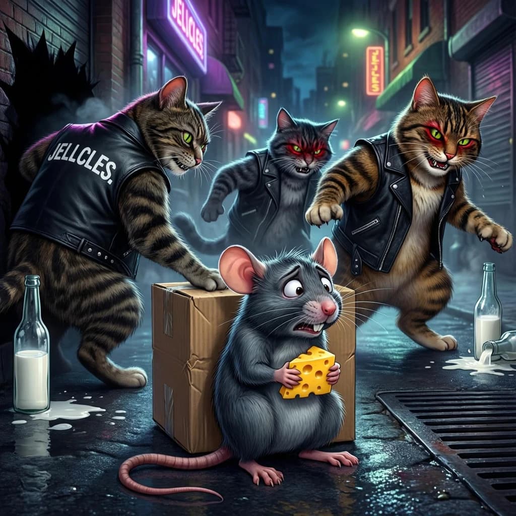 The cartoon rat clenches his thin wedge of cheese and trembles in fear as he hides from the menacing Jellicles, the roaming cat motorcycle gang, all wearing their colors with the name on the back. The cats have all drunk far too much milk and are causing a big ruckus! One cat is close to finding the rat