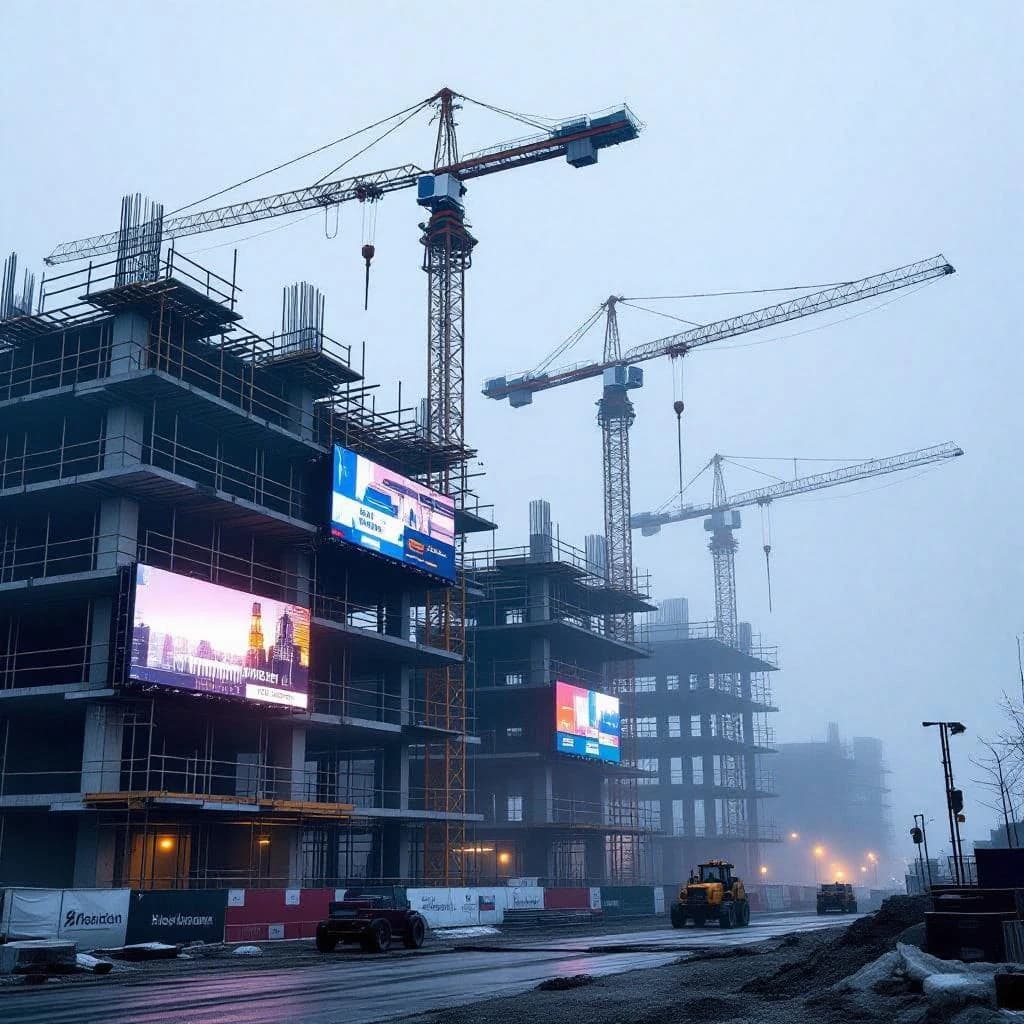 A construction site stretched upward into fog, cranes frozen in silhouette. Wind rattled scaffolding draped with torn mesh that glowed faintly from nearby billboards