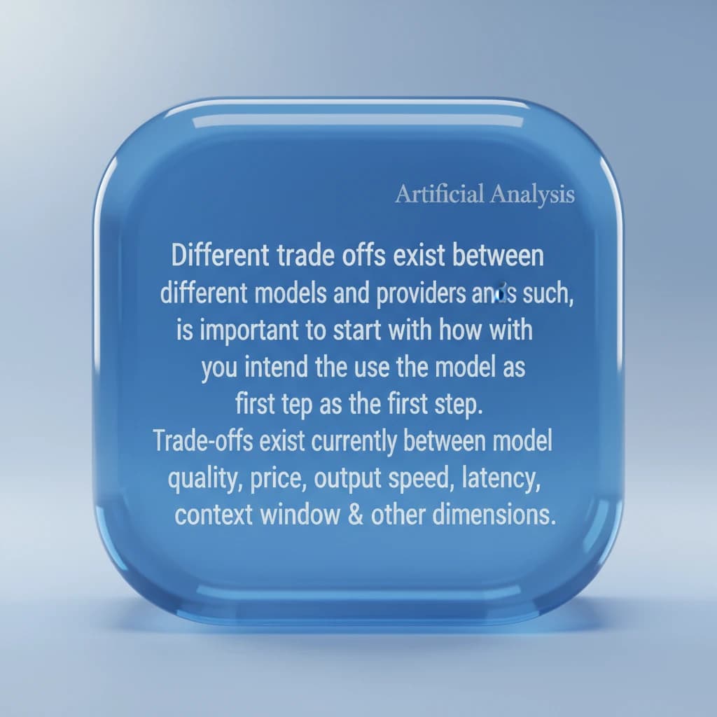 In a clear transparent blue glassy rounded box, etch "Different trade offs exist between different models and providers and as such, it is important to start with how you intend to use the model as the first step. Trade-offs exist currently between model quality, price, output speed, latency, context window & other dimensions. " in sans serif medium weight text. Artificial Analysis is watermarked over the top right 