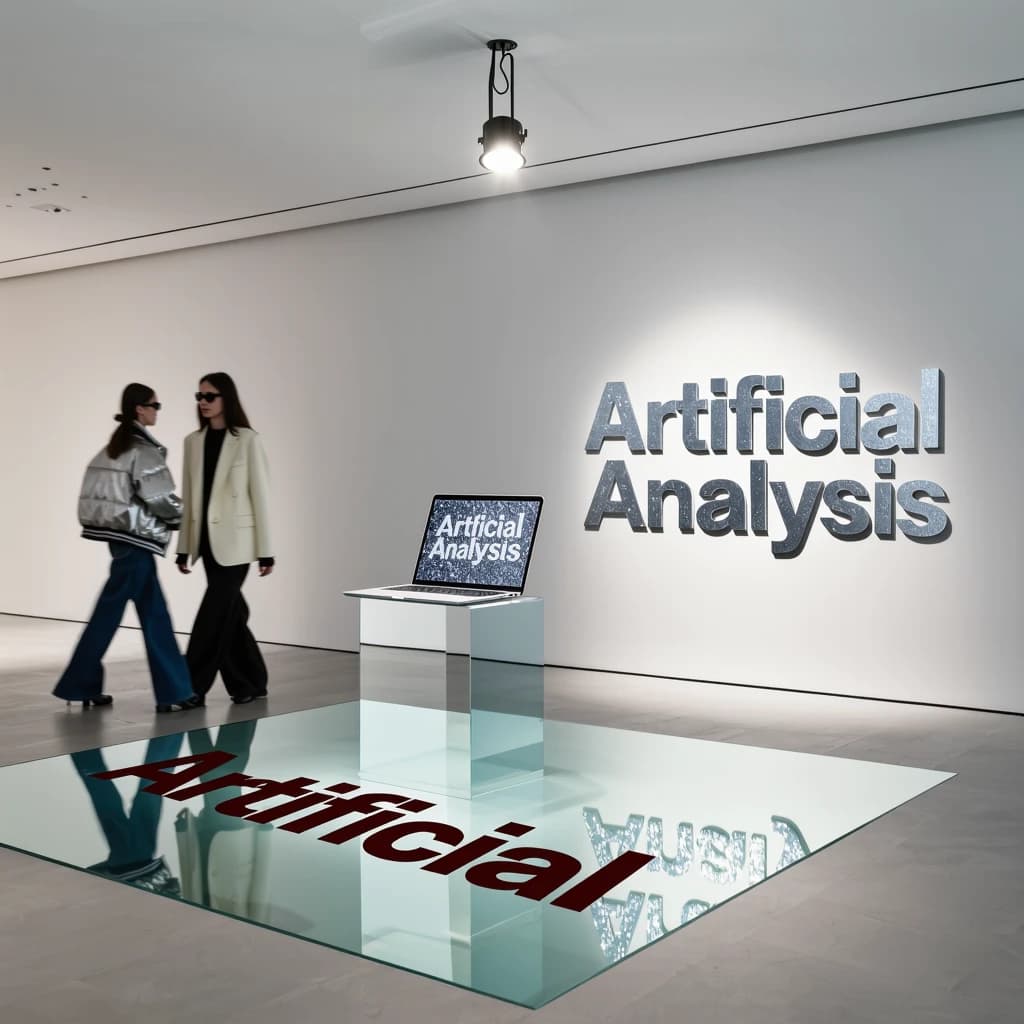 In a spotless gallery space, a pedestal supports a transparent laptop whose screen flickers between static and pristine brand imagery. Shoppers blur past in designer clothes that appear slightly outdated - bell bottoms, metallic jackets. The embossed logo “Artificial Analysis” glints silver, yet its reflection in the glass floor reads in crimson letters. A single spotlight shines, though shadows fall in two directions.