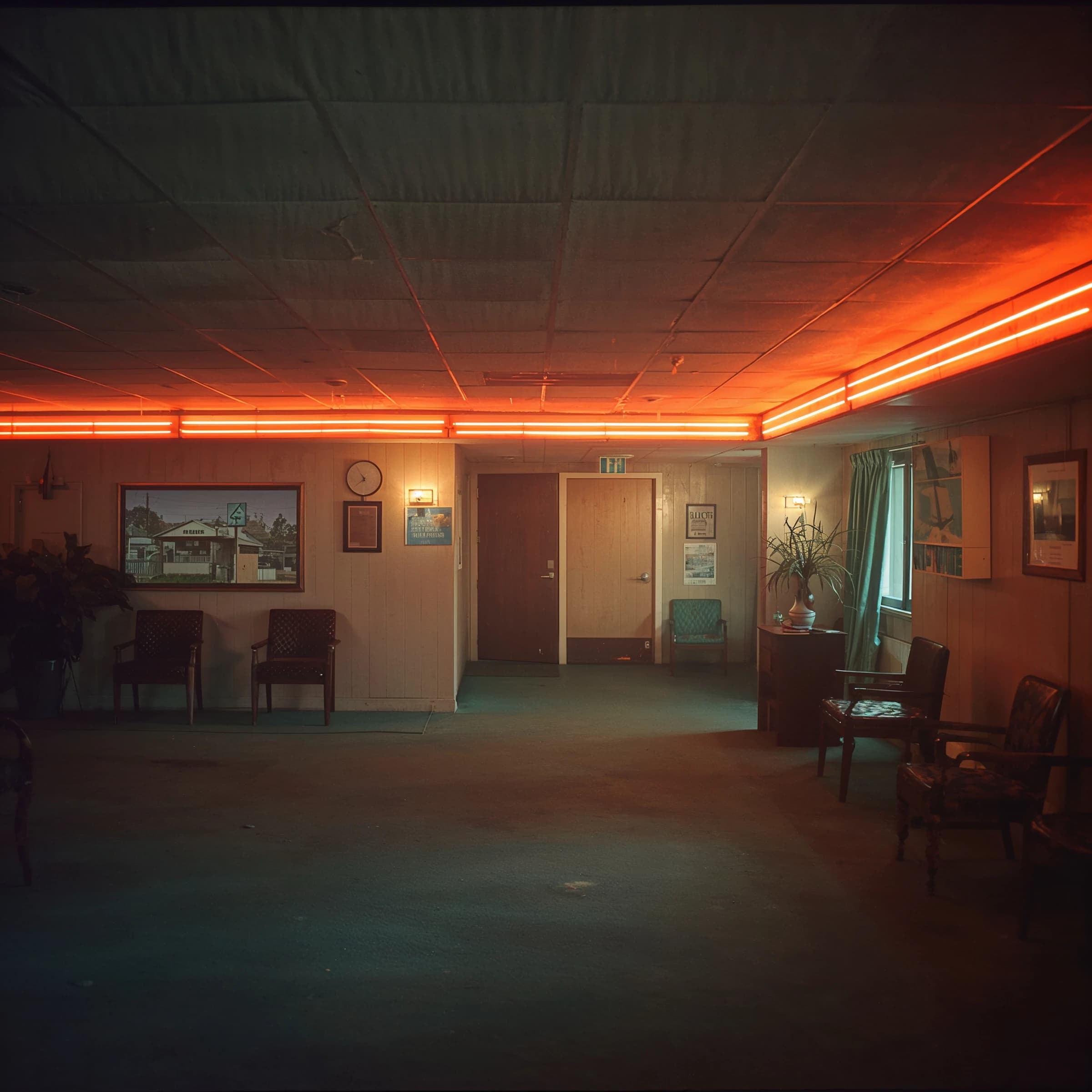 Show a faded 70s motel lobby with humming neon, sticky carpet, film grain.