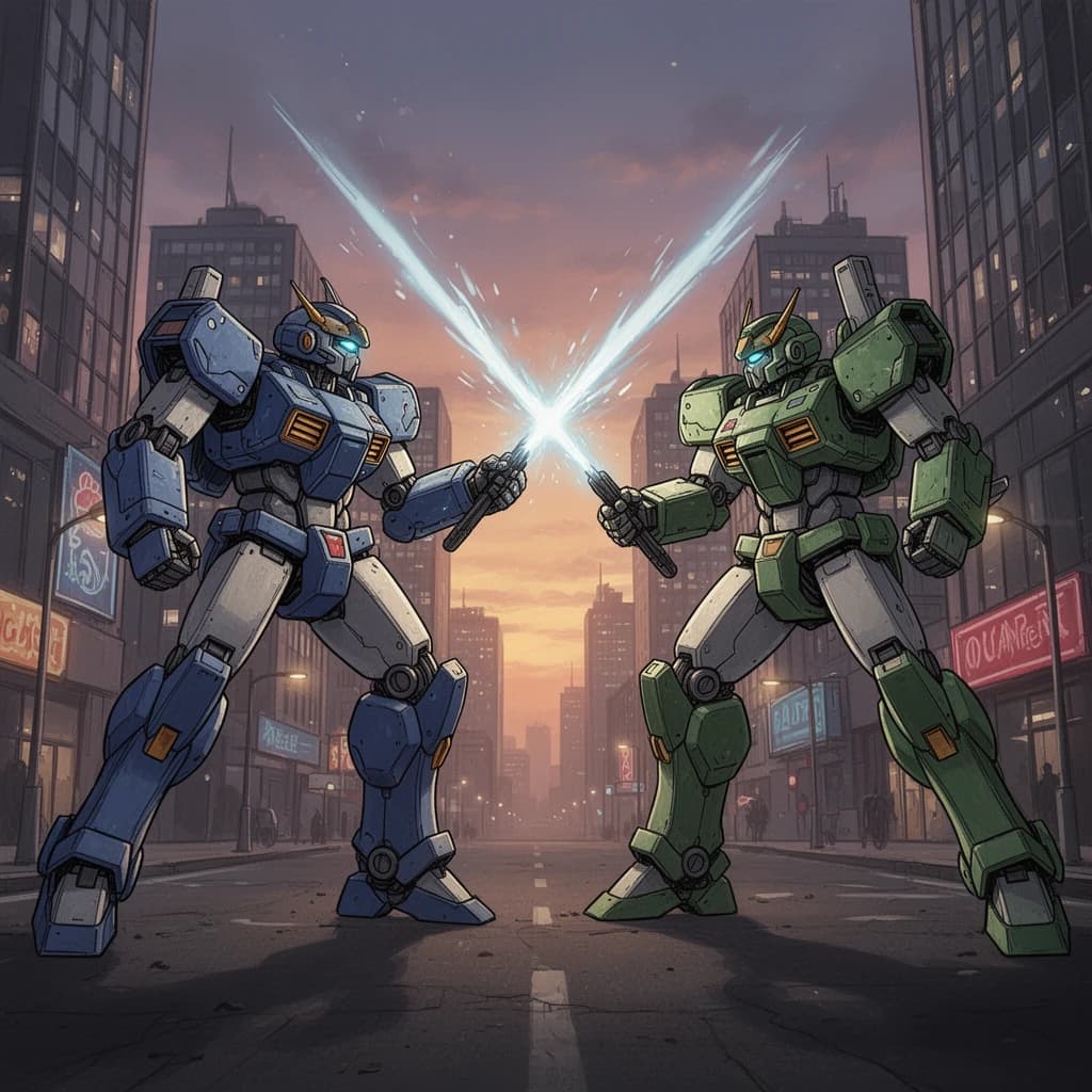 Make a cel-shaded mecha duel at dusk downtown.