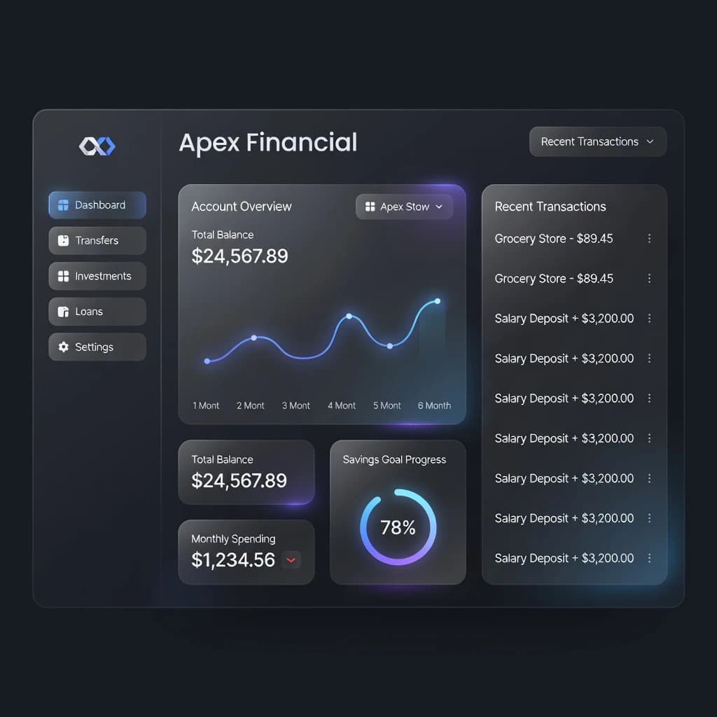 Dark mode banking dashboard with glassmorphism.