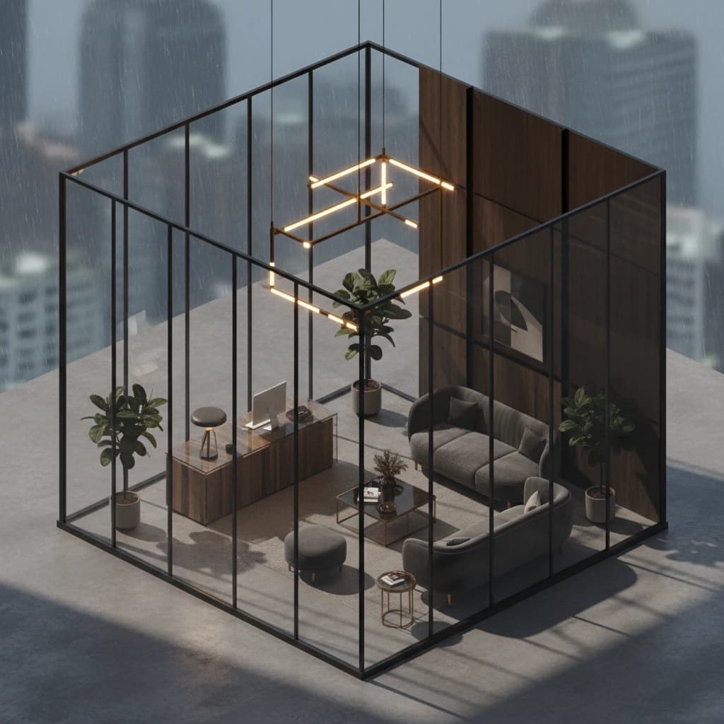 Isometric 3D lobby, glass walls, warm lights, slightly moody, soft shadows.