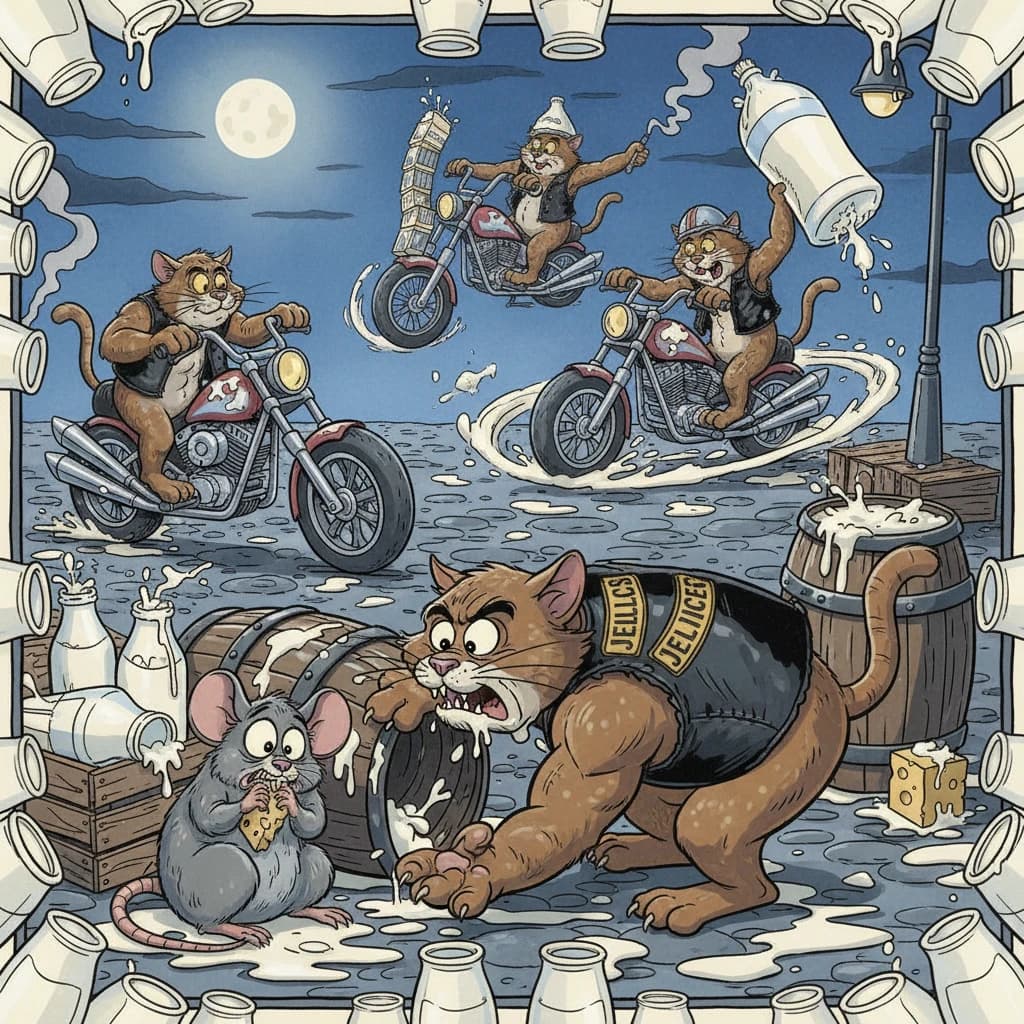 The cartoon rat clenches his thin wedge of cheese and trembles in fear as he hides from the menacing Jellicles, the roaming cat motorcycle gang, all wearing their colors with the name on the back. The cats have all drunk far too much milk and are causing a big ruckus! One cat is close to finding the rat