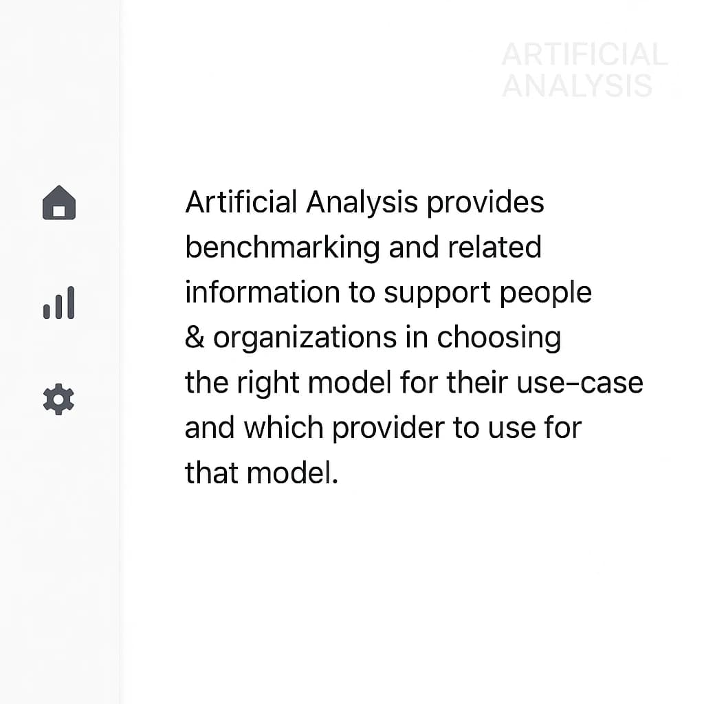 On a high-resolution dashboard mockup with a clean white background, display a centered text module in Helvetica Neue Regular, 18pt, black: “Artificial Analysis provides benchmarking and related information to support people & organizations in choosing the right model for their use-case and which provider to use for that model.” The text box is justified, but the final word wraps awkwardly onto its own line. To the left, a vertical navigation bar in light gray with three icons - home, chart, and settings - aligned evenly but casting misaligned shadows. In the upper right, the Artificial Analysis logo appears faintly, semi-transparent, watermarked over the corner of the interface.