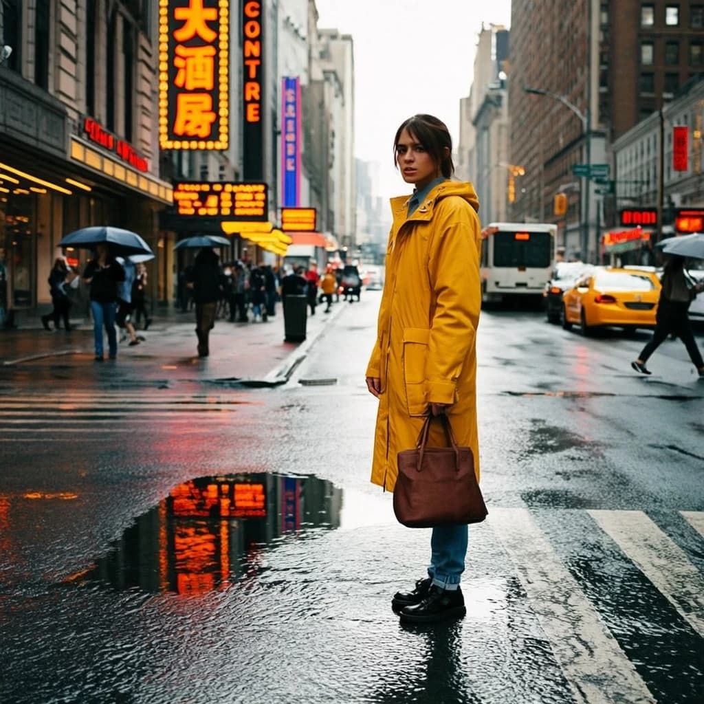 A sunlit city street after rain; puddles mirror neon signs as a woman in a yellow raincoat waits at a crosswalk, soft mist, 50mm look, natural tones, a bit of film grain.