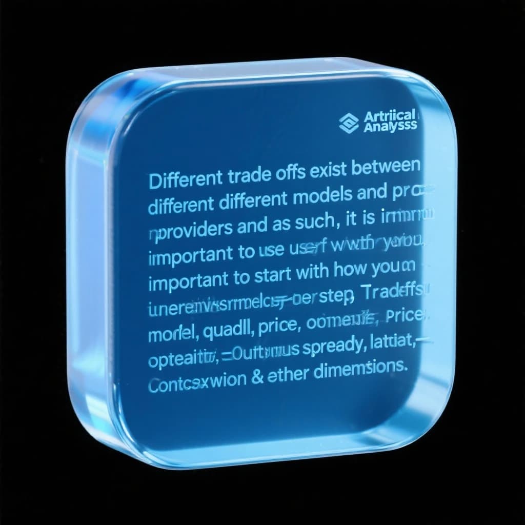 In a clear transparent blue glassy rounded box, etch "Different trade offs exist between different models and providers and as such, it is important to start with how you intend to use the model as the first step. Trade-offs exist currently between model quality, price, output speed, latency, context window & other dimensions. " in sans serif medium weight text. Artificial Analysis is watermarked over the top right 