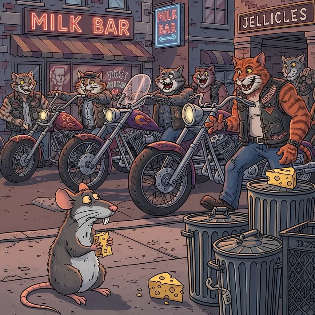 The cartoon rat clenches his thin wedge of cheese and trembles in fear as he hides from the menacing Jellicles, the roaming cat motorcycle gang, all wearing their colors with the name on the back. The cats have all drunk far too much milk and are causing a big ruckus! One cat is close to finding the rat